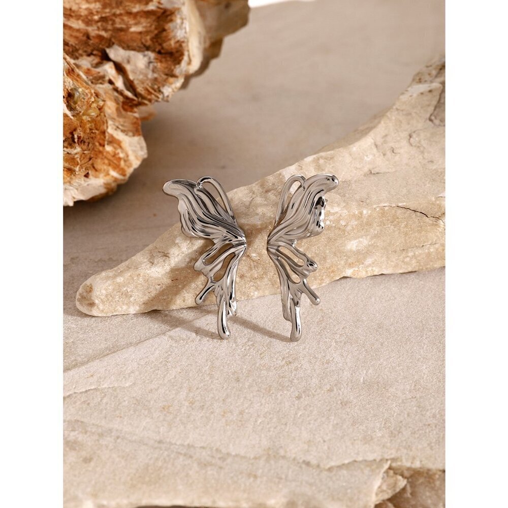 Kim Silver-Tone Asymmetrical Butterfly Earrings - Stainless Steel Earrings
